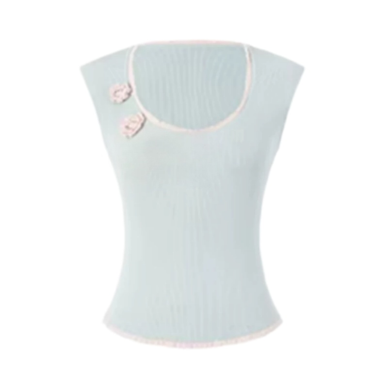 Light Blue Knitted Tank With Floral Embellishments