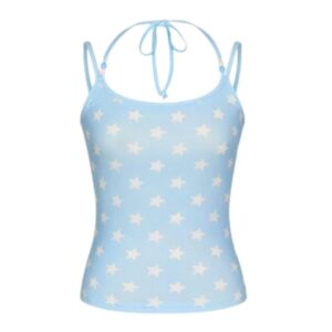 Blue Spaghetti-Strap Tank Top With A White Star Pattern