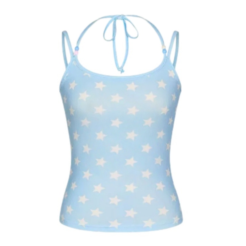 Blue Spaghetti-Strap Tank Top With A White Star Pattern