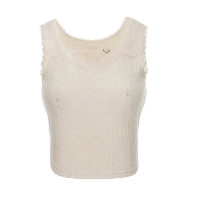Slim-Fit Tank Top With Lace Trim — Beige
