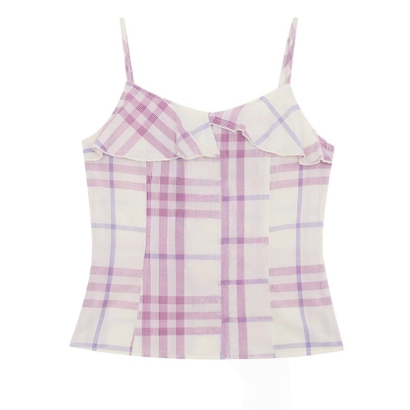 Purple Plaid Vacation-Style Spaghetti-Strap Tank Top